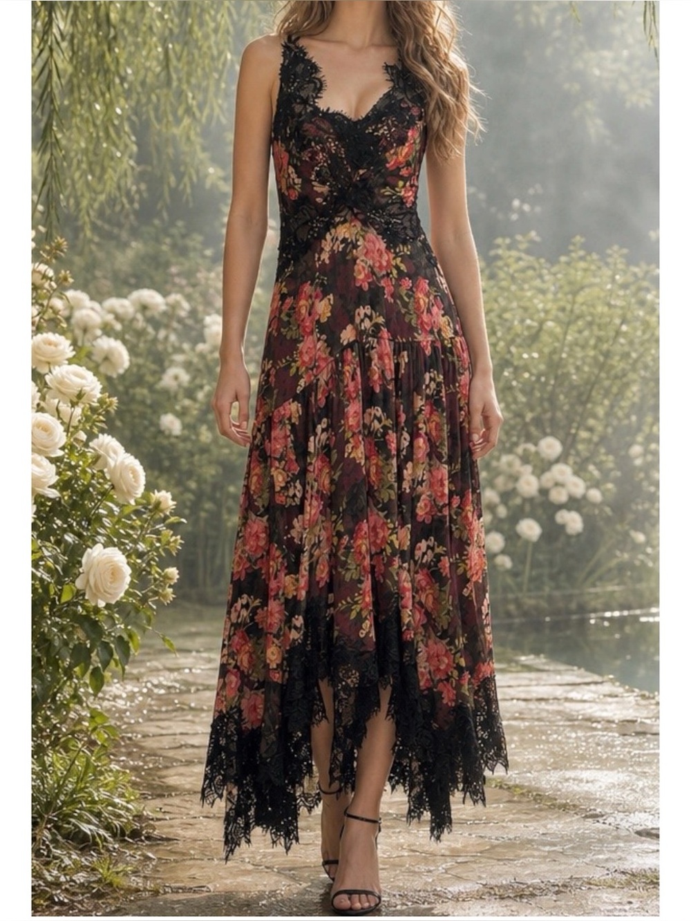 BHLDN Evelyn Lace V-Neck High-Low Midi Dress, Black, Large